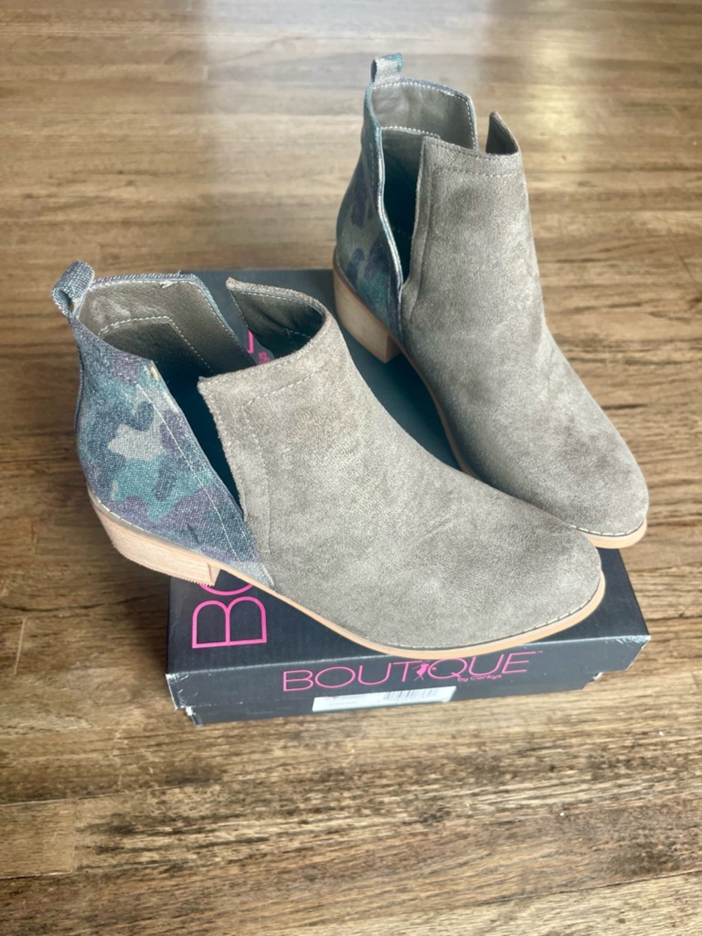 Corkys Taupe Suede Ankle Boots with Camo Heel Panel